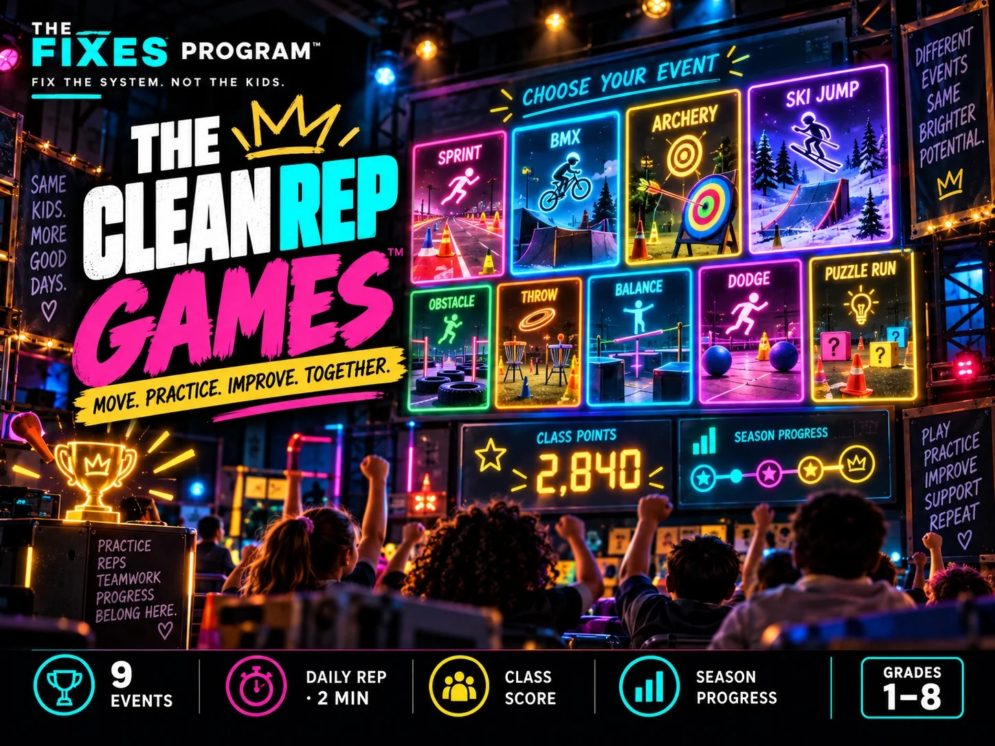 The Clean Rep Games cover showing a choice of classroom sports events